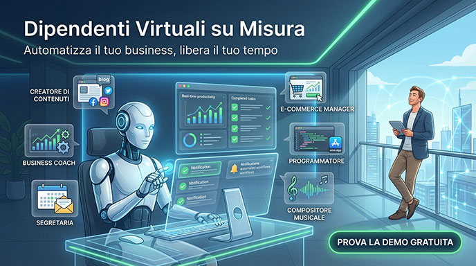 Illustrazione di un dipendente virtuale robot che lavora a una scrivania.